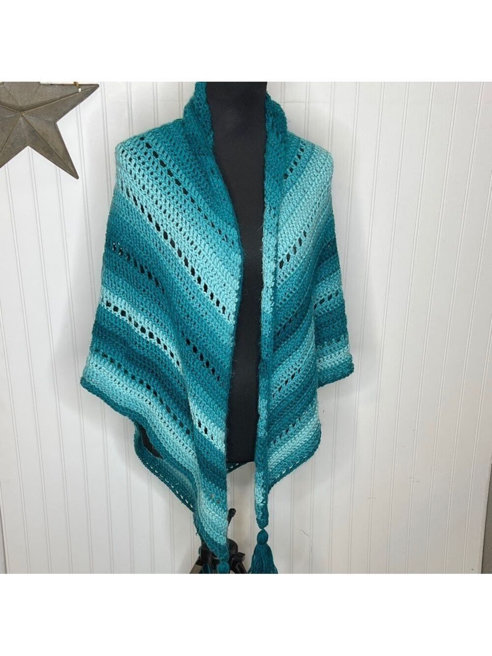 Teal and Blue Striped Knit Shawl